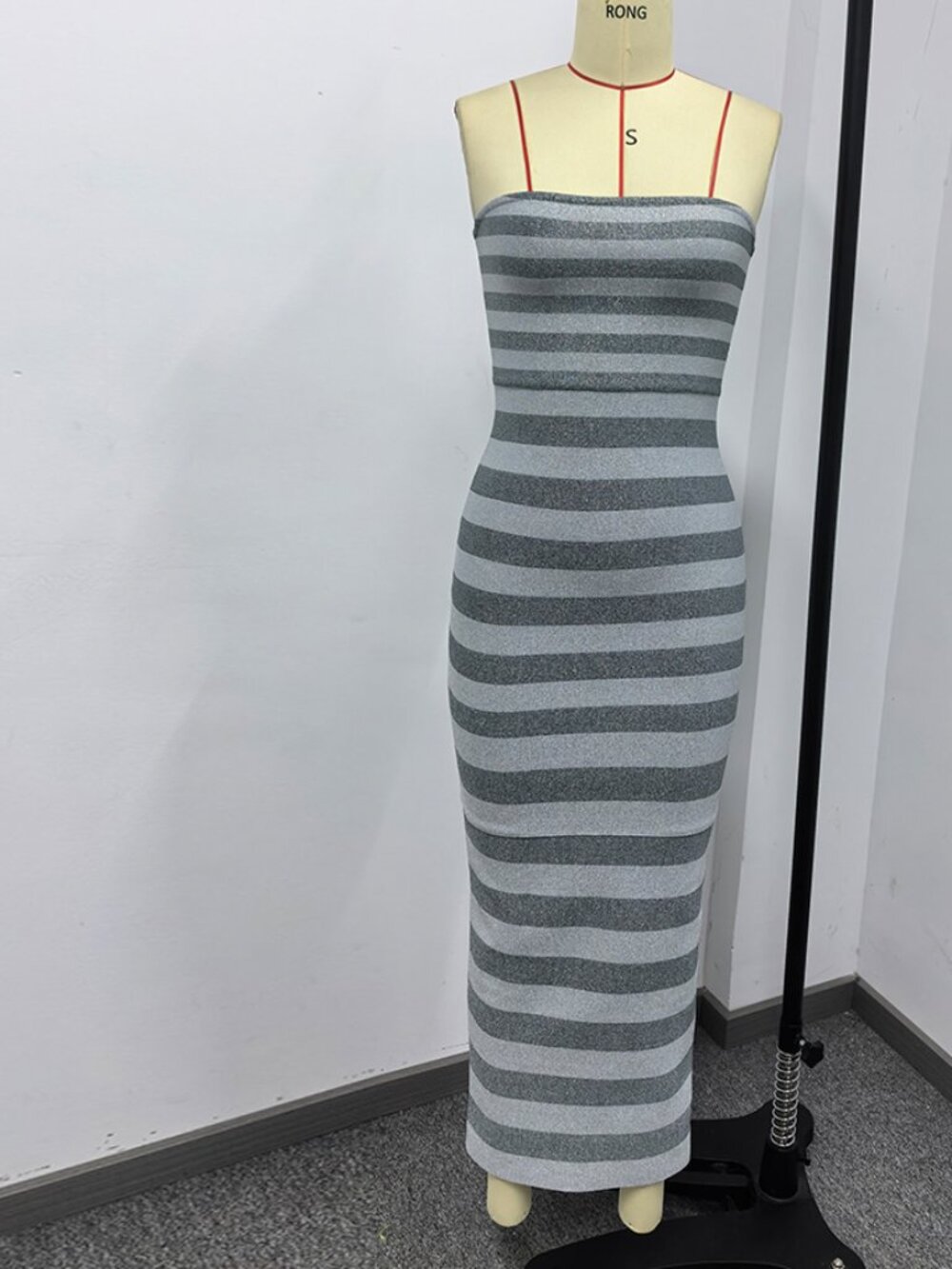 Silver Grey Metallic Striped Strapless Bandage Maxi Dress Bodycon - Picture 4 of 6